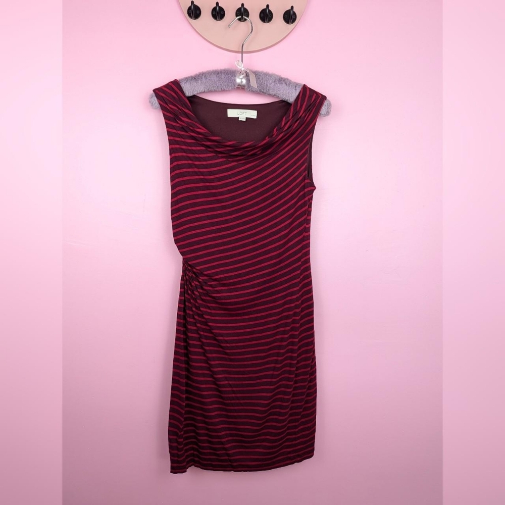 Ann Taylor Loft Petites Red & Maroon Horizontal Striped Ruched Waist Mini Dress